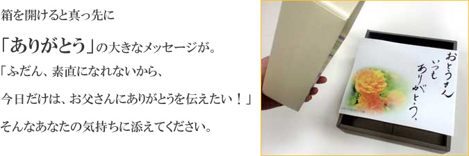 箱を開けると真っ先に「ありがとう」の大きなメッセージが。「ふだん、素直になれないから、
今日だけは、お父さんにありがとうを伝えたい！」そんなあなたの気持ちに添えてください。